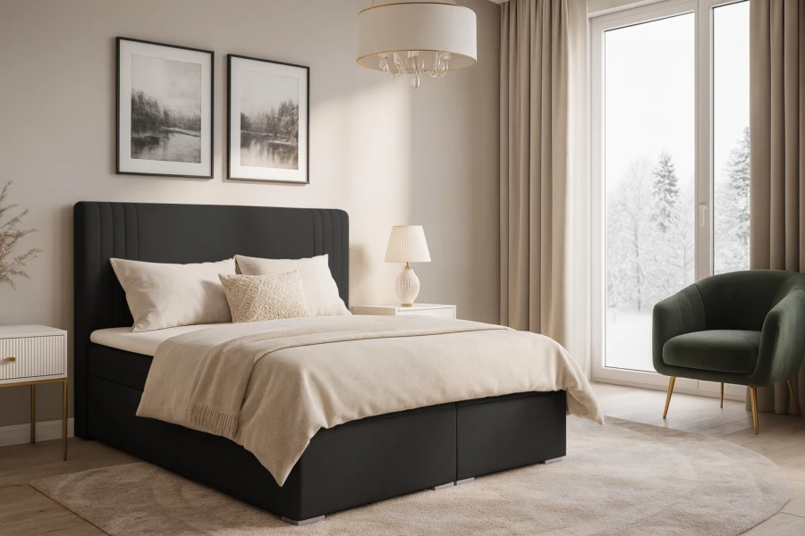 Stilvolles Schlafzimmer-Ambiente mit schwarzem Doppelbett und grünem Sessel.