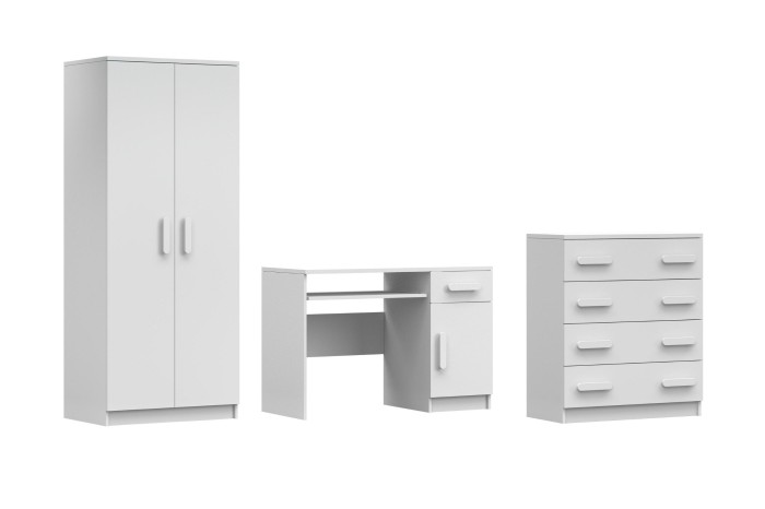 Komplettes Kinderzimmer-Set ganz in Weiß: Schrank, Schreibtisch und Kommode mit 4 Schubladen.
