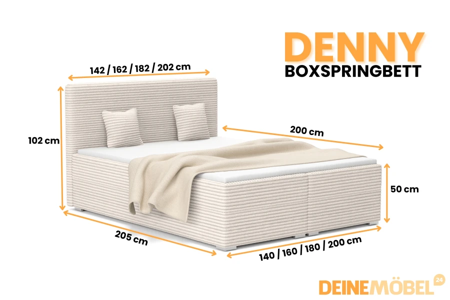 Denny Boxspringbett Abmessungen und Maße in verschiedenen Größen mit Cord-Bezug beige.