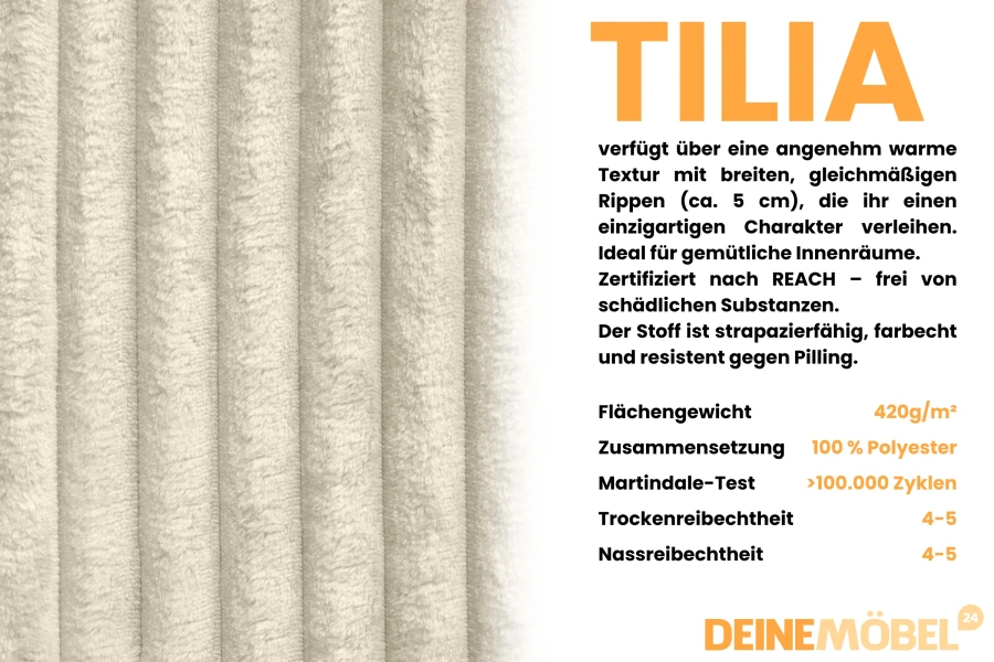 Tilia Möbelstoff-Struktur in Beige: Detailansicht des strapazierfähigen Cord-Gewebes.