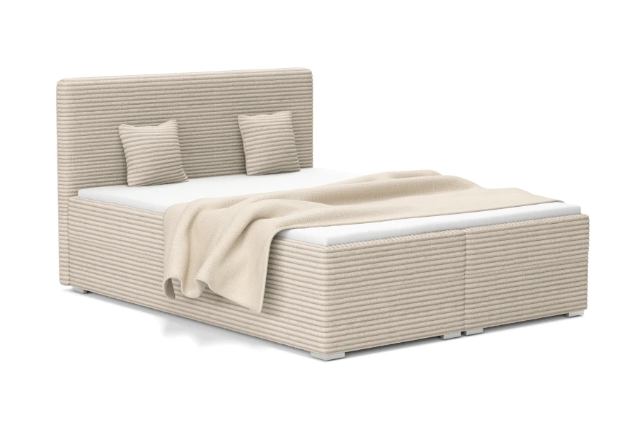 Modernes Boxspringbett in Beige mit Rippstoff-Bezug und passenden Kissen.