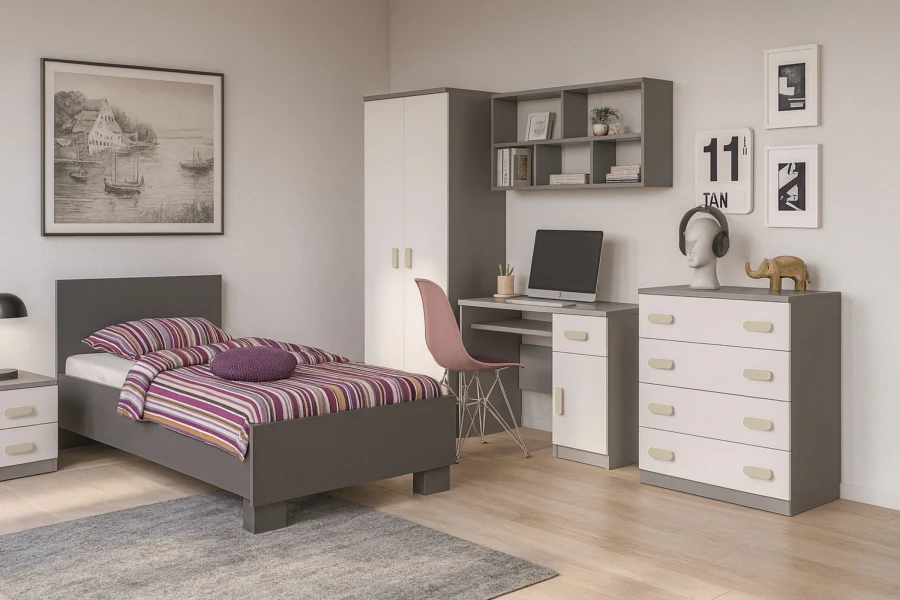 Modernes Jugendzimmer Set in Grau und Weiß mit Holzgriffen, Bett, Schreibtisch und Kleiderschrank.