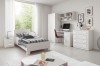 Modernes weißes Jugendzimmer-Set mit Bett, Schreibtisch und Kleiderschrank in hellem Raum