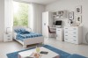 Komplettes Kinderzimmer-Set mit Bett, Schreibtisch und Schrank in Weiß-Blau.