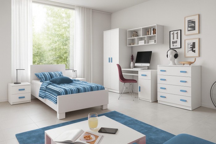 Komplettes Kinderzimmer-Set mit Bett, Schreibtisch und Schrank in Weiß-Blau.