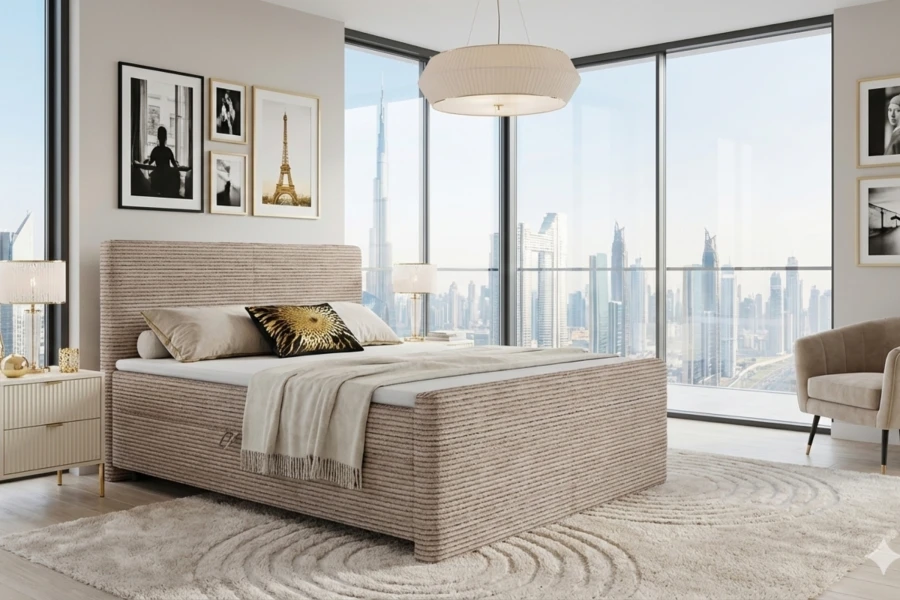 Eingerichtetes Schlafzimmer mit beigem Polsterbett in Cord-Optik und beeindruckendem Skyline-Ausblick.