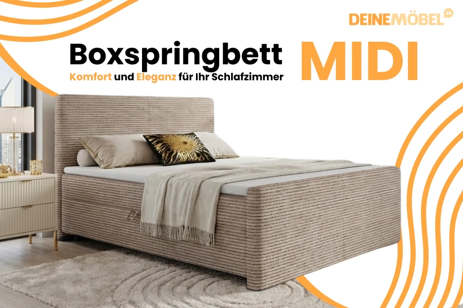 Beiges Boxspringbett MIDI im Schlafzimmer – Komfort und Eleganz von DeineMöbel24.