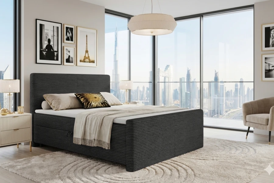 Dunkelgraues Boxspringbett MIDI in luxuriösem Schlafzimmer mit Skyline-Ausblick.