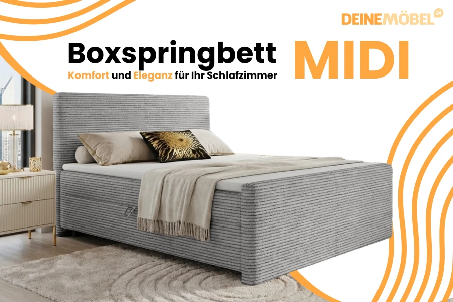 Boxspringbett MIDI in Grau – Komfort und Eleganz für das Schlafzimmer.