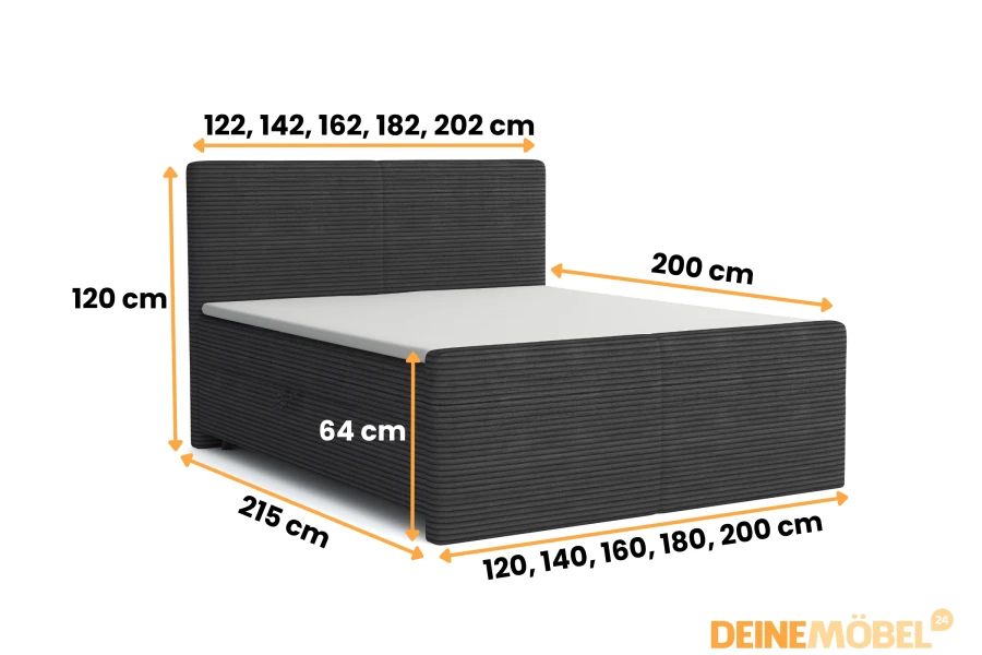 Übersicht der Maße und verfügbaren Größen für das Boxspringbett MIDI.