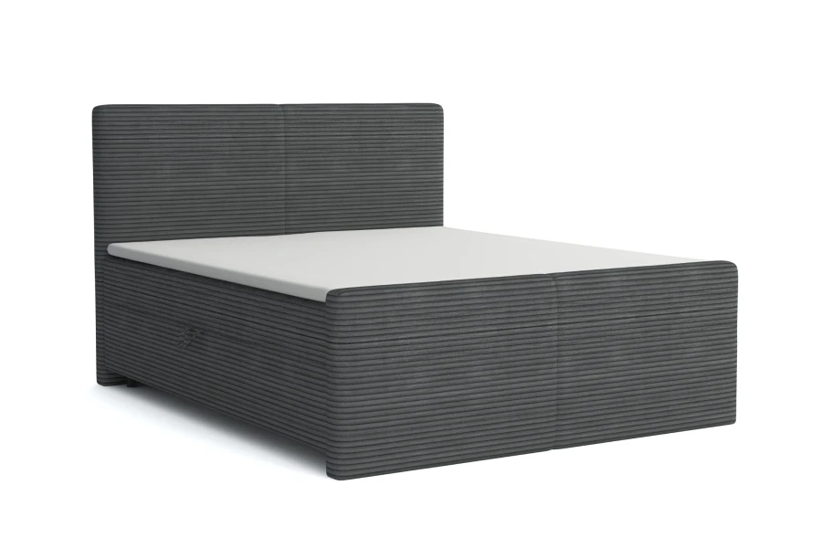 Graues Boxspringbett MIDI mit Rippenstruktur-Stoffbezug, isoliert auf weißem Hintergrund.