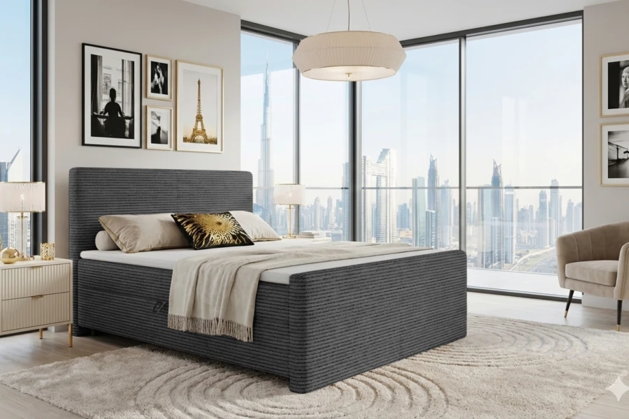 Elegantes Schlafzimmer mit Boxspringbett MIDI und Blick auf die Stadt-Skyline.