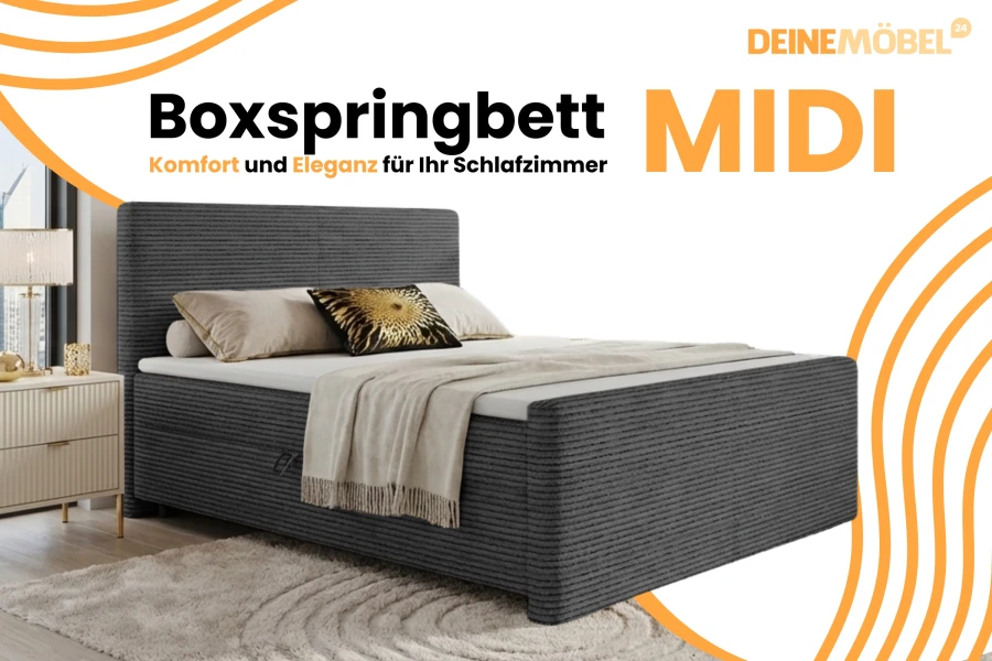 Werbegrafik: Boxspringbett MIDI von DEINEMÖBEL24 – Komfort und Eleganz fürs Schlafzimmer.