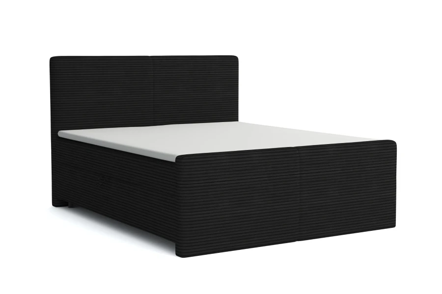 Schwarzes Boxspringbett MIDI mit markanter Rippenoptik, freigestellt vor weißem Hintergrund.
