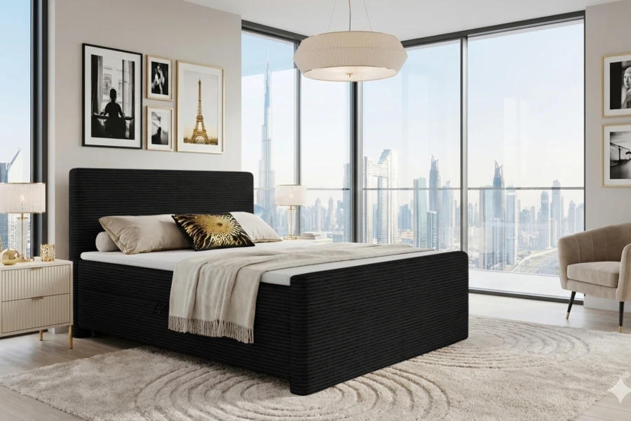 Schwarzes Boxspringbett aus Cord in einem modernen Schlafzimmer mit Stadtblick.