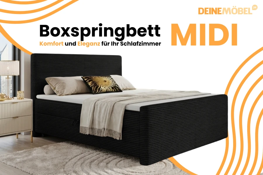 Werbebild für das Boxspringbett MIDI von DeineMöbel24 in Schwarz.