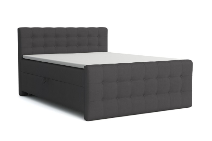 Boxspringbed Reel in antraciet met stijlvolle knoopstiksels op het hoofd- en voeteneind.