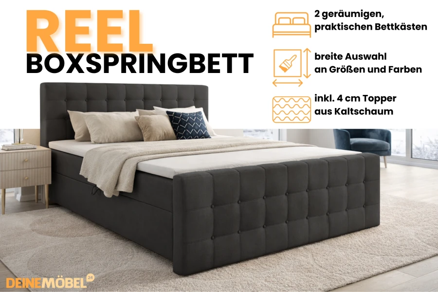 Reel boxspringbed antraciet met bedbox en 4 cm koudschuimtopper.