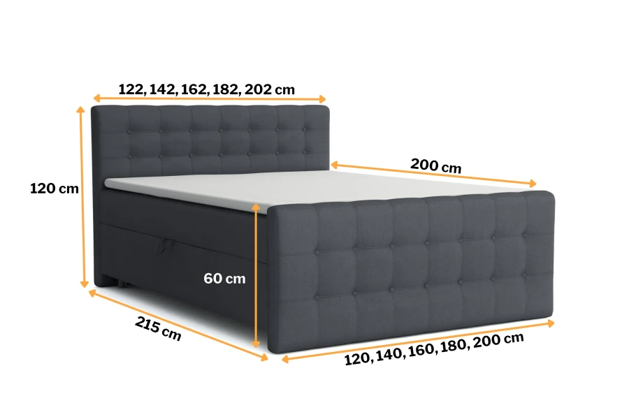 Gedetailleerde afmetingen voor het boxspringbed Reel met verschillende beschikbare breedtes.