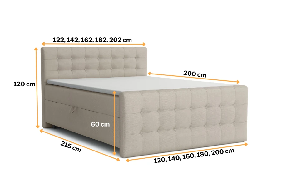 Afmetingen en maten van het beige Reel boxspringbed in verschillende maten.