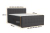 Donkergrijs boxspringbed met afmetingen voor verschillende breedtes en hoogtes.