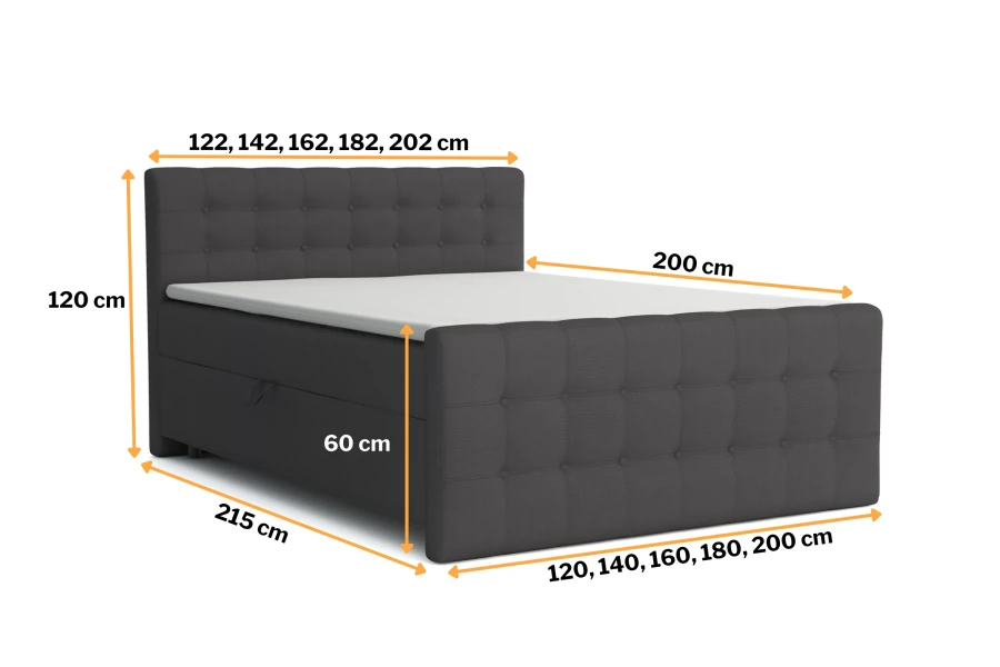 Donkergrijs boxspringbed met afmetingen voor verschillende breedtes en hoogtes.