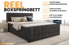 Infographic van het Reel boxspringbed met details over bedbakken, maten en topper.