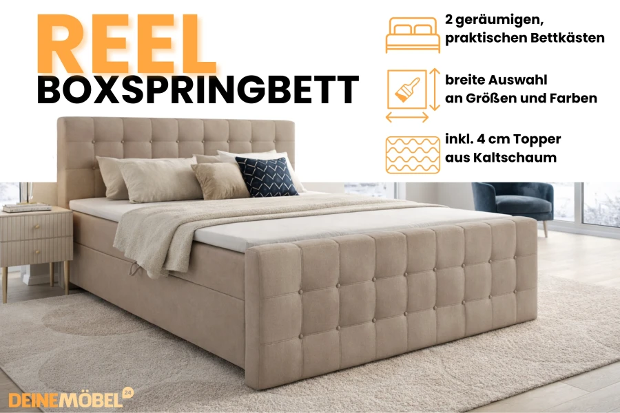 Modern boxspringbed Reel in beige met grote opbergruimte en topper.