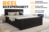 Product-highlights van het boxspringbed REEL: bedbak, kleurkeuze en koudschuimtopper.