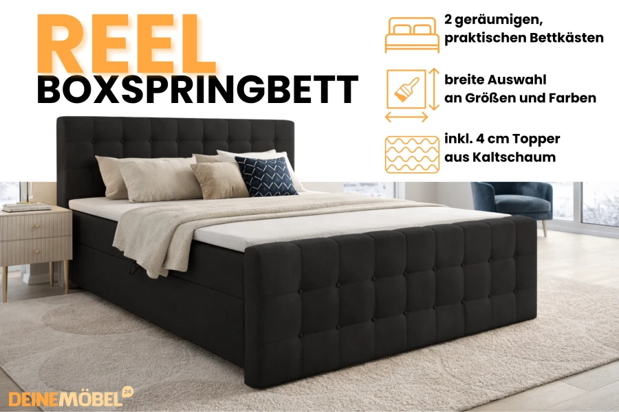 Product-highlights van het boxspringbed REEL: bedbak, kleurkeuze en koudschuimtopper.