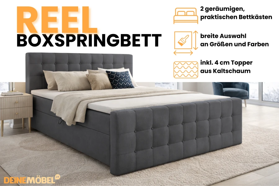 Productkenmerken van het boxspringbed Reel: bedbak, topper en kleurkeuze.