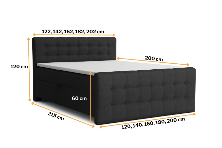 Afmetingen boxspringbed zwart met gecapitonneerd hoofd- en voeteneinde