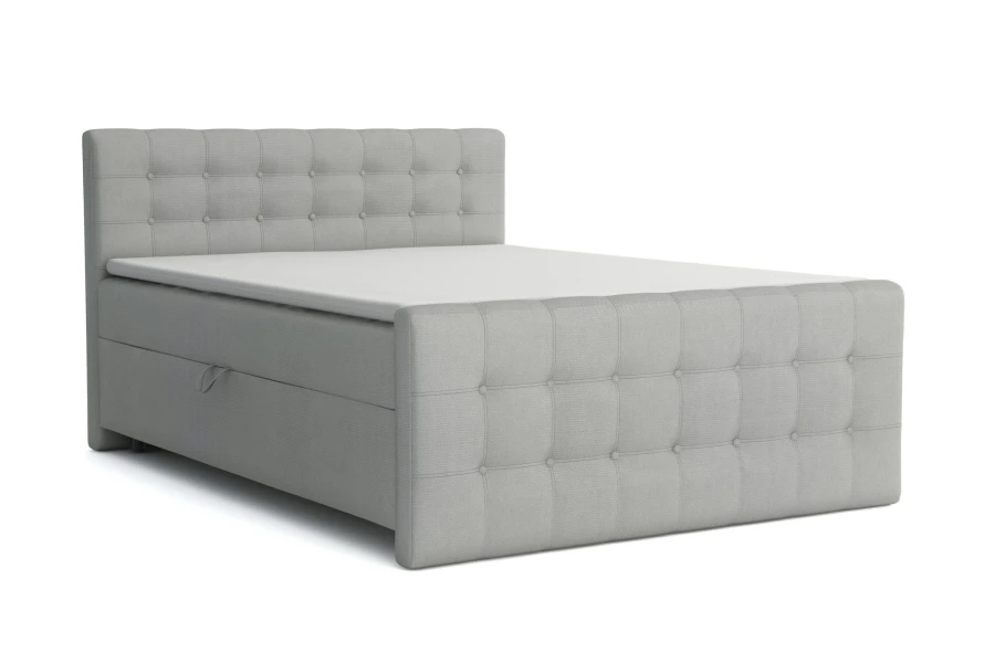 Boxspringbett Reel in Hellgrau mit abgestepptem Kopf- und Fußteil auf weißem Hintergrund.
