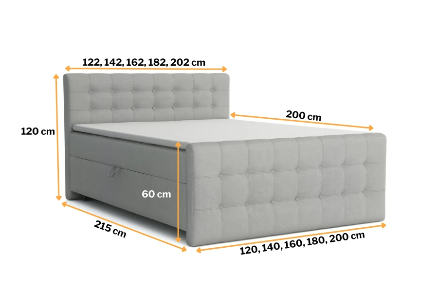 Boxspringbett REEL Maße: Übersicht der verschiedenen Breiten und Höhen in Grau.
