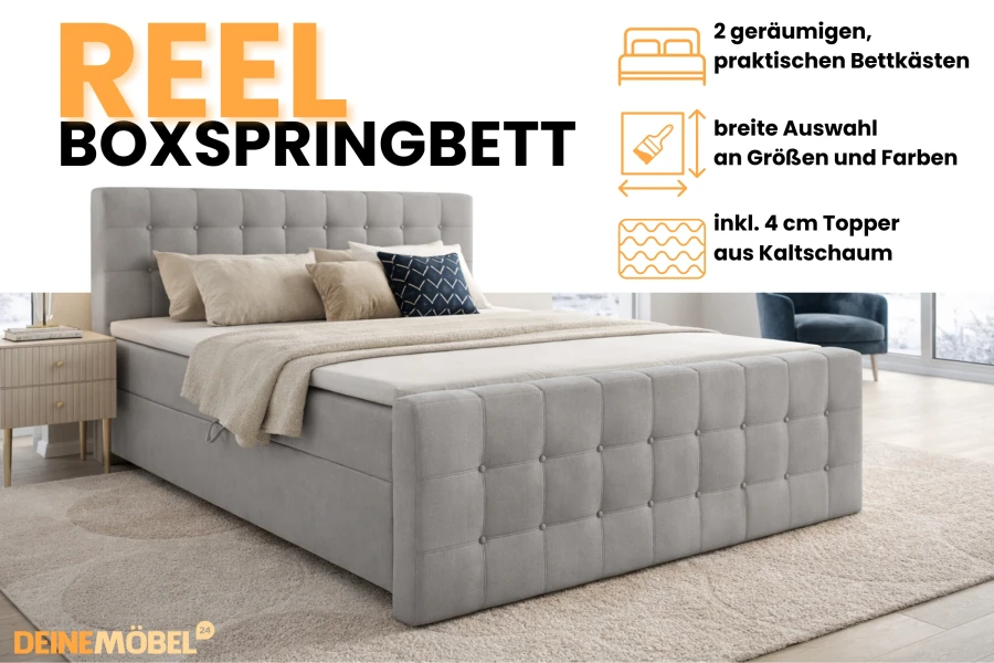 Boxspringbett REEL Highlights: 2 Bettkästen, Farbauswahl und inkludierter Kaltschaum-Topper.