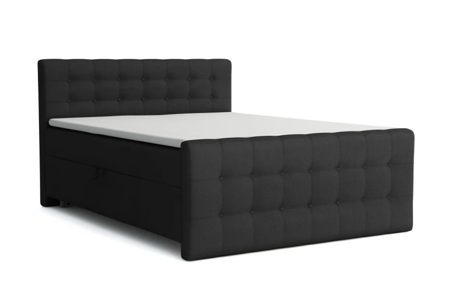 Anthrazitfarbenes Boxspringbett mit eleganter Knopfsteppung an Kopf- und Fußteil.