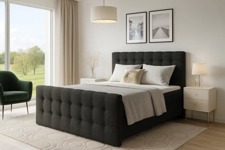 Stilvolles anthrazitfarbenes Boxspringbett in einem hellen, modern eingerichteten Schlafzimmer.