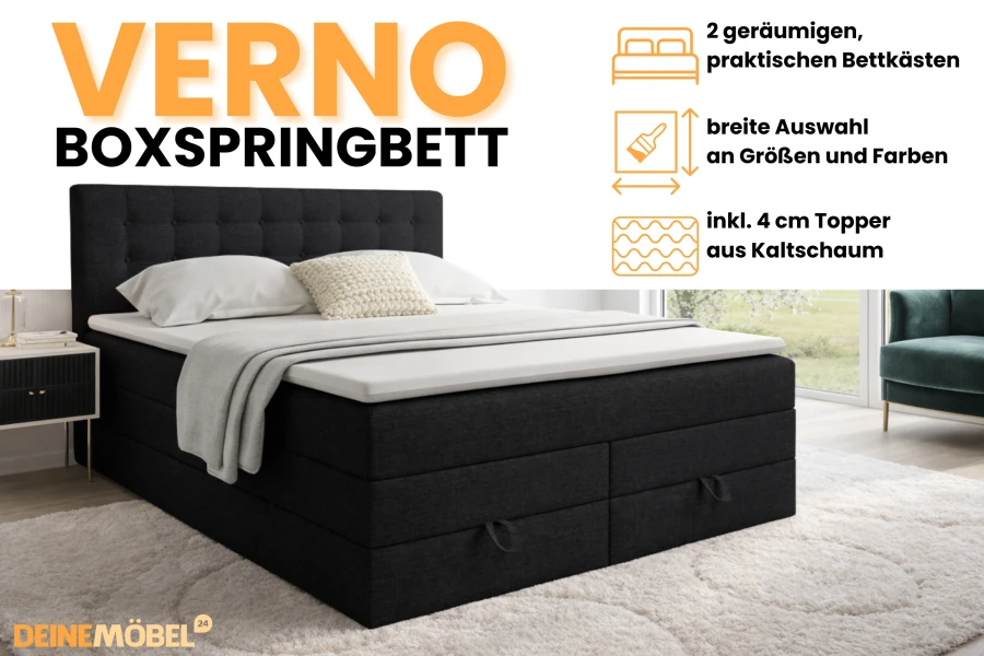 Voordelen Verno boxspringbed: Inclusief 2 bedbakken, kleurkeuze en 4 cm koudschuim topper.