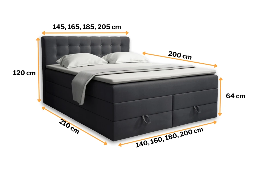 Graphic with dimensions for box spring beds in various widths and heights.