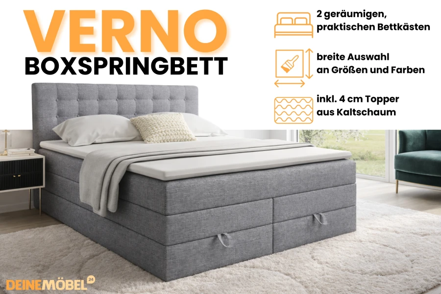 Grijs boxspringbed Verno met bedbak en koudschuimtopper