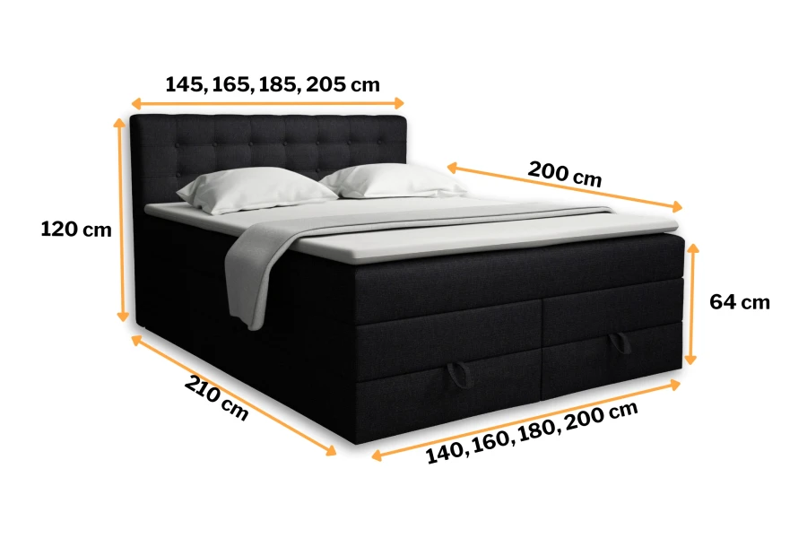Verno box spring bed dimensions: width 140 to 200 cm, depth 210 cm, headboard height 120 cm.