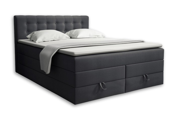 Box spring bed in anthracite with quilted headboard on a white background.
