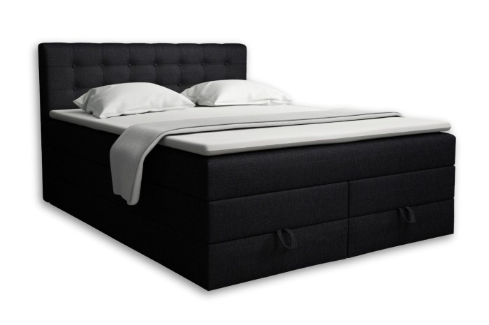 Elegant black box spring bed with padded headboard and white bedding in front of a white background.