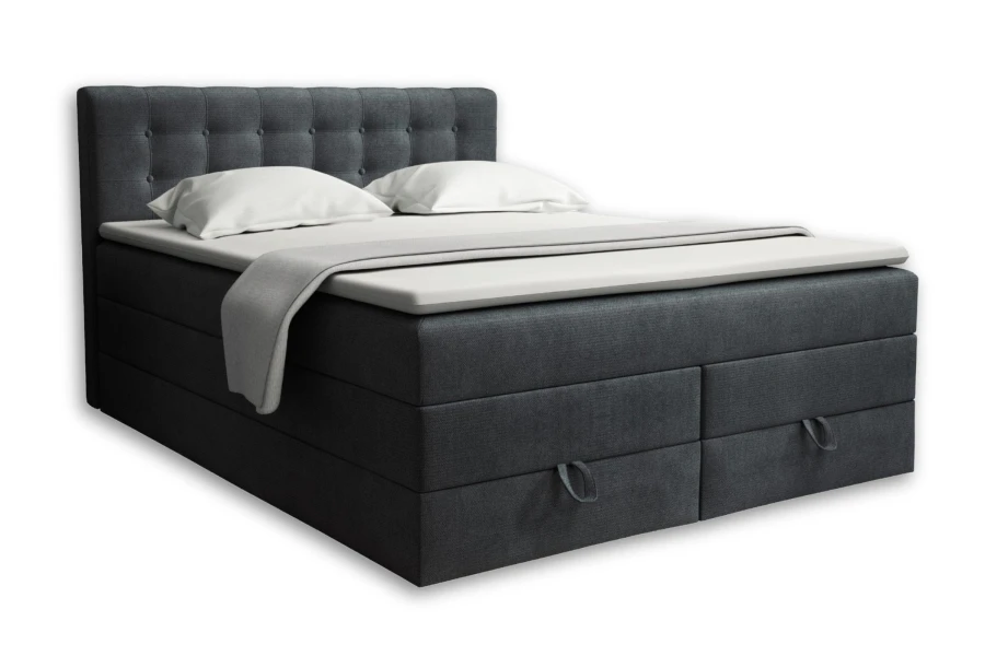 Boxspringbett Verno in Anthrazit mit elegant gestepptem Kopfteil und integrierten Bettkästen.
