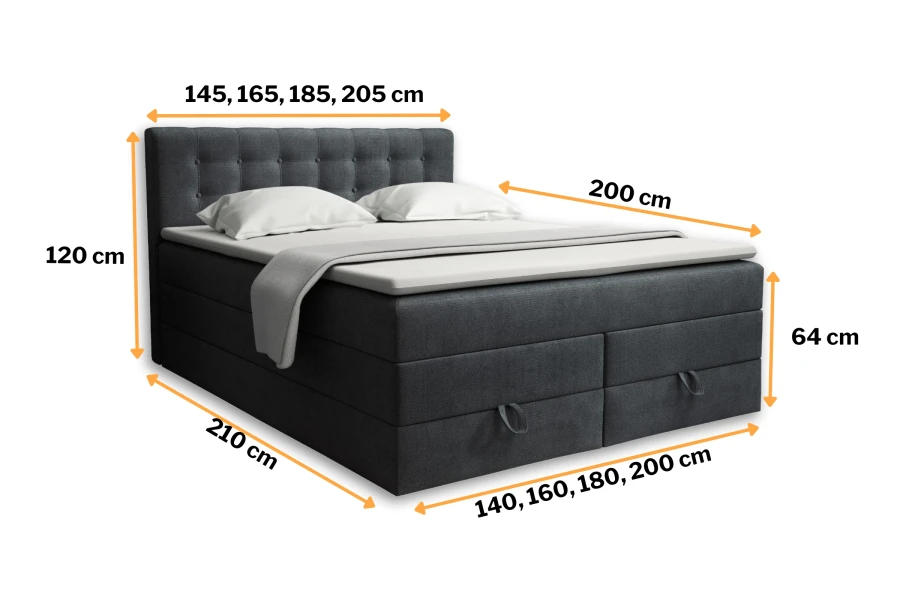 Maßangaben für das Verno Boxspringbett inklusive Sitzhöhe, Kopfteilhöhe und verschiedenen Breiten.