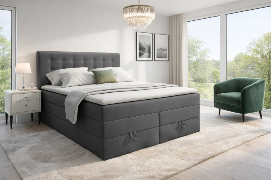 Graues Boxspringbett Verno mit integrierten Schubladen im modernen Schlafzimmer-Ambiente.