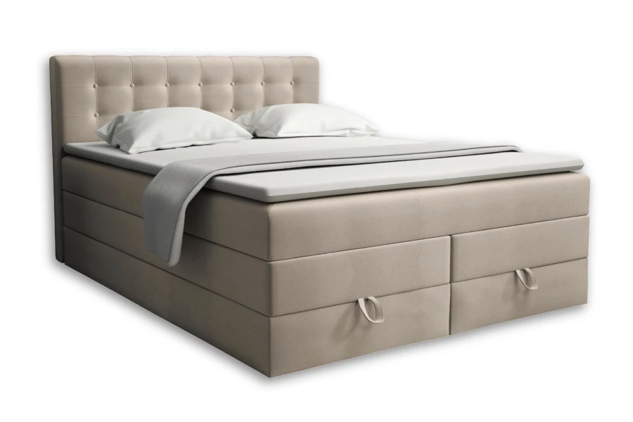 Elegantes beiges Boxspringbett mit Steppung am Kopfteil freigestellt auf weißem Hintergrund.