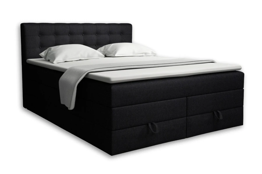 Freigestelltes schwarzes Boxspringbett mit Bettkasten auf weißem Hintergrund.
