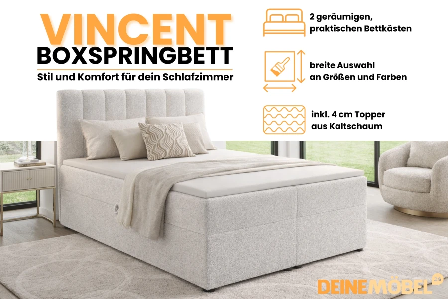 Infografik zum Vincent Boxspringbett mit Details zu Ausstattung und Maßen