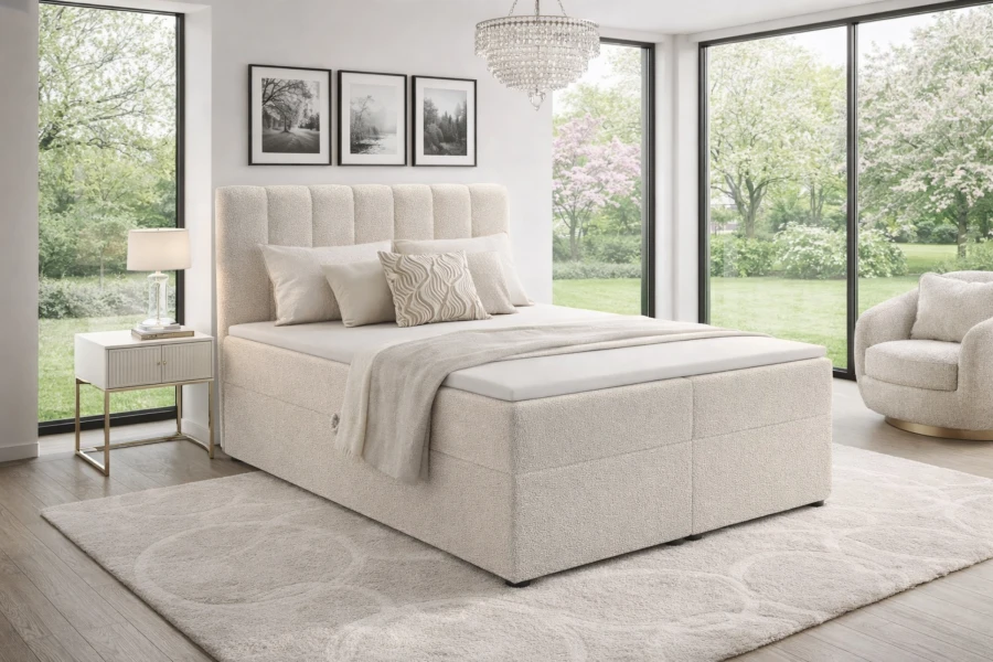 Cremefarbenes Boxspringbett Vincent mit gemütlichem Bouclé-Bezug